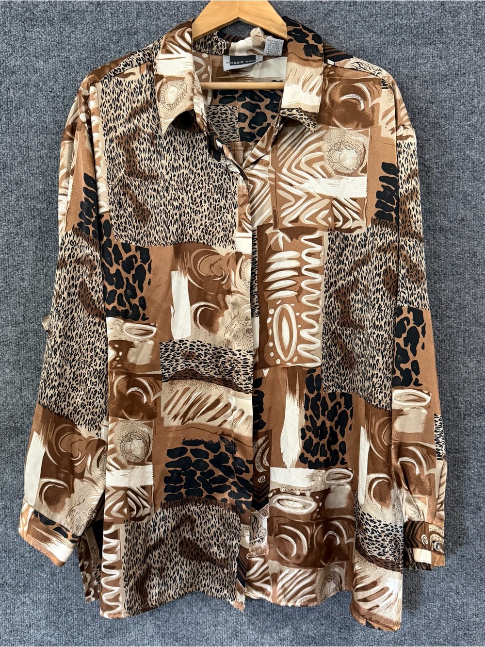 Maggie Barnes Womens Patchwork Animal Print Button Up Top Size 24W Brown Tan